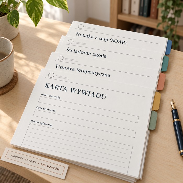 Stos wydrukowanych dokumentów z tym samym nagłówkiem: karta wywiadu, umowa terapeutyczna, świadoma zgoda, notatka z sesji